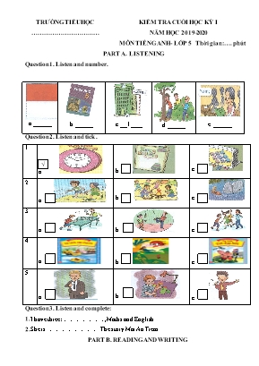Bài kiểm tra Cuối học kỳ I môn Tiếng Anh Lớp 5 - Năm học 2019-2020 (Có đáp án)